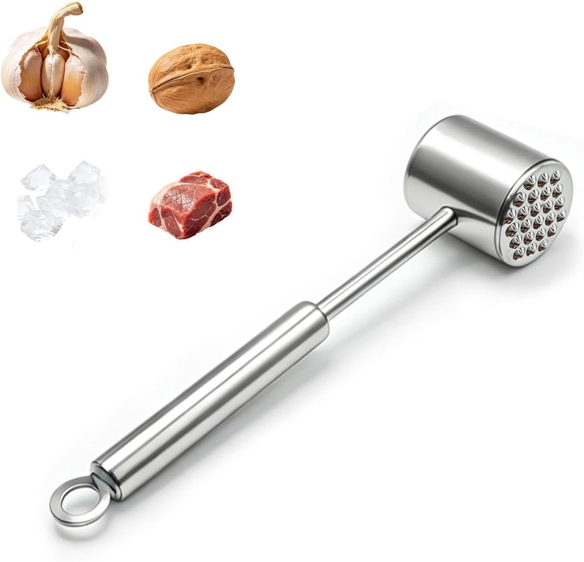 Vleeshamer van 18/8 roestvrij staal, tweezijdige schnitzelhamer en vleesverzachter met ergonomische handgreep. Vaatwasserbestendig, ideaal voor biefstuk en gevogelte.