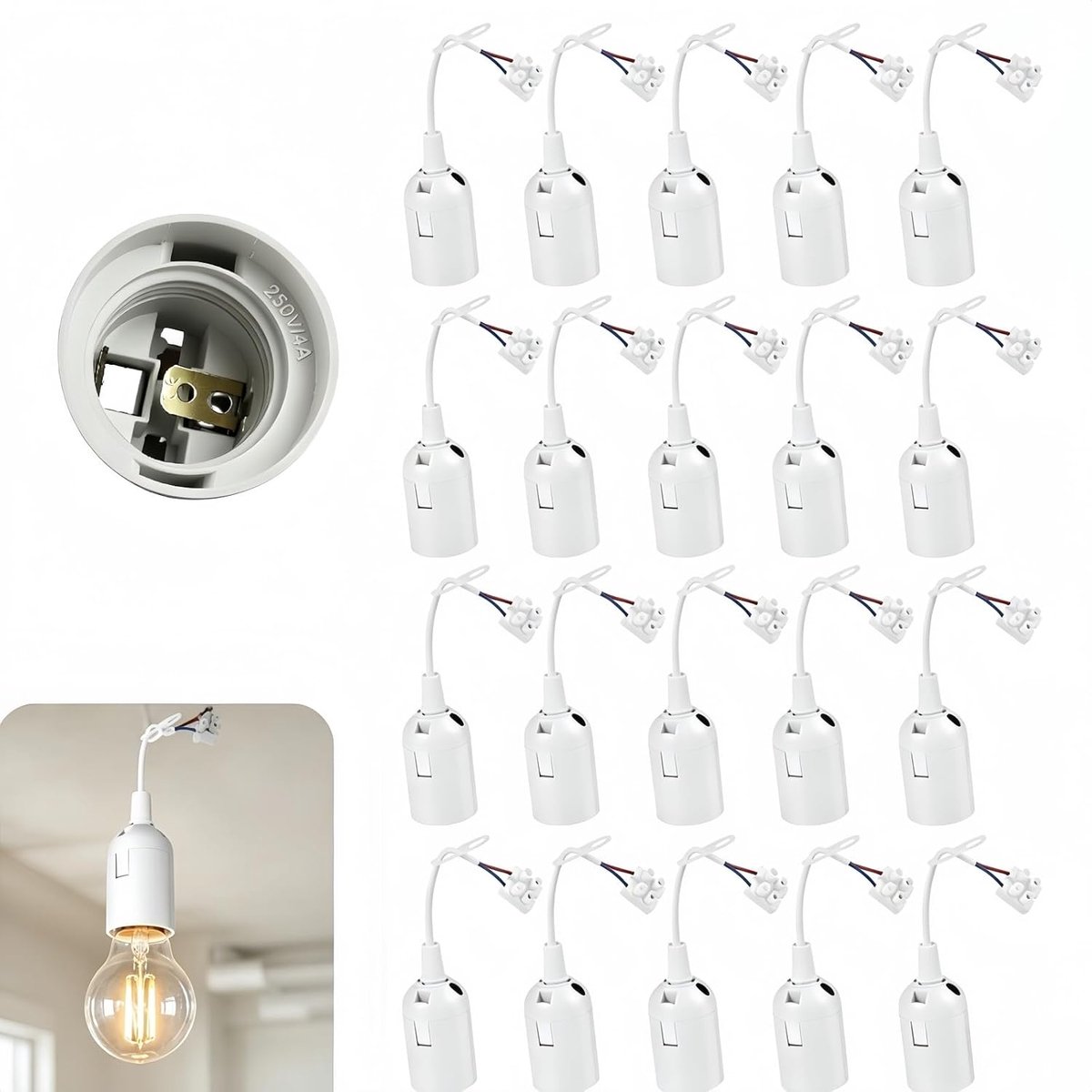 20 stuks E27 lampfitting met kabel, fitting renovatie E27 lampen, bouwfitting, E27 reservefitting voor woonkamer, keuken, slaapkamer, gloeilampen, accessoires (wit)