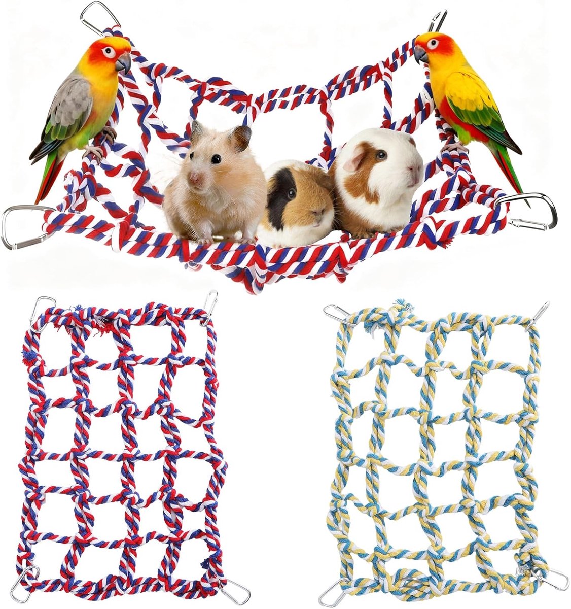 Set van 2 kleurrijk vogelnet, ratten-klimtouwnet, hangende huisdierhangmat, vogelladder, touwbrug,