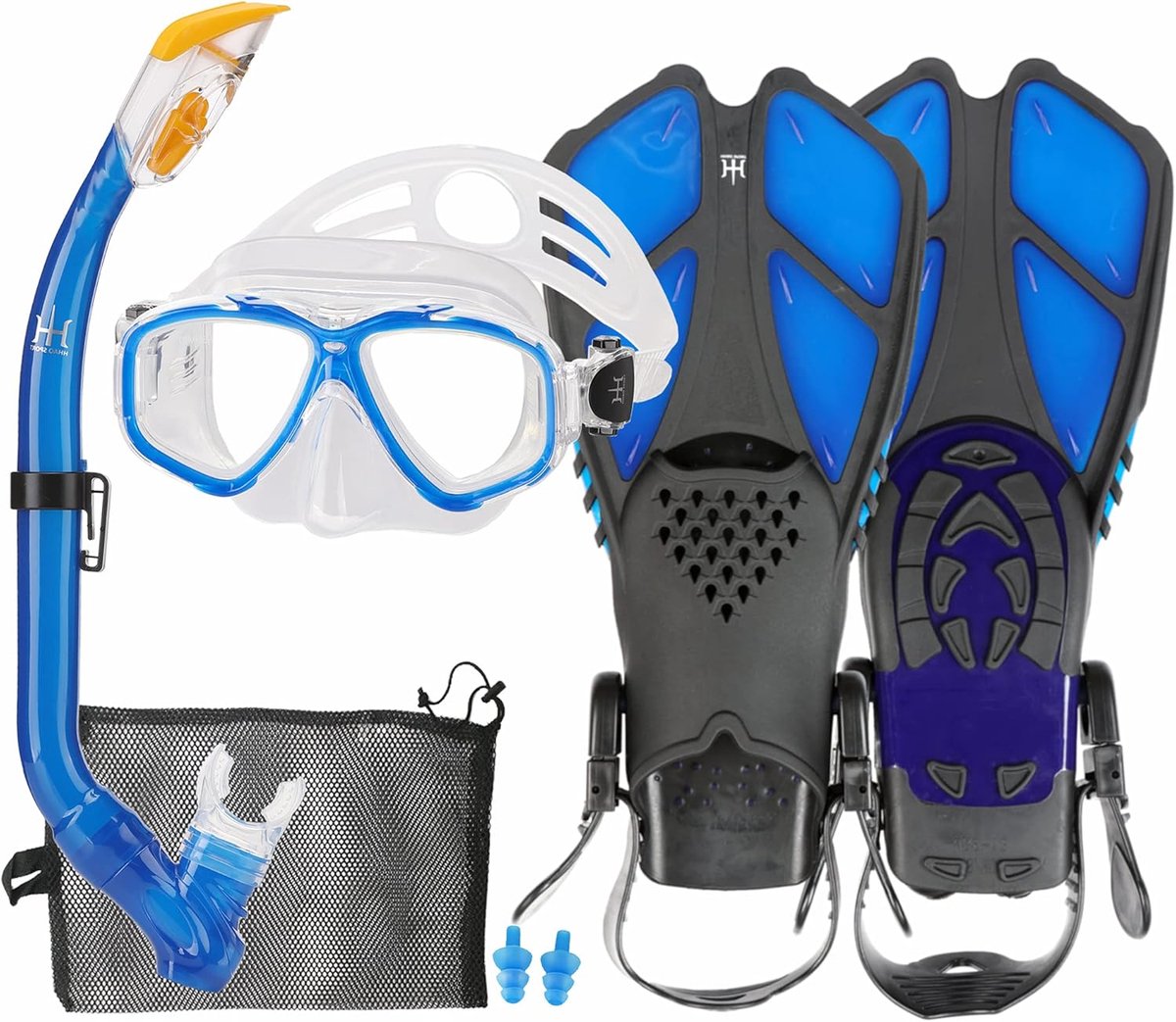 Snorkelset voor kinderen met zwemvliezen, 180° panorama duikbril met brede zicht, verstelbare zwemvliezen, hoogwaardig duikmasker en Dry Top snorkel