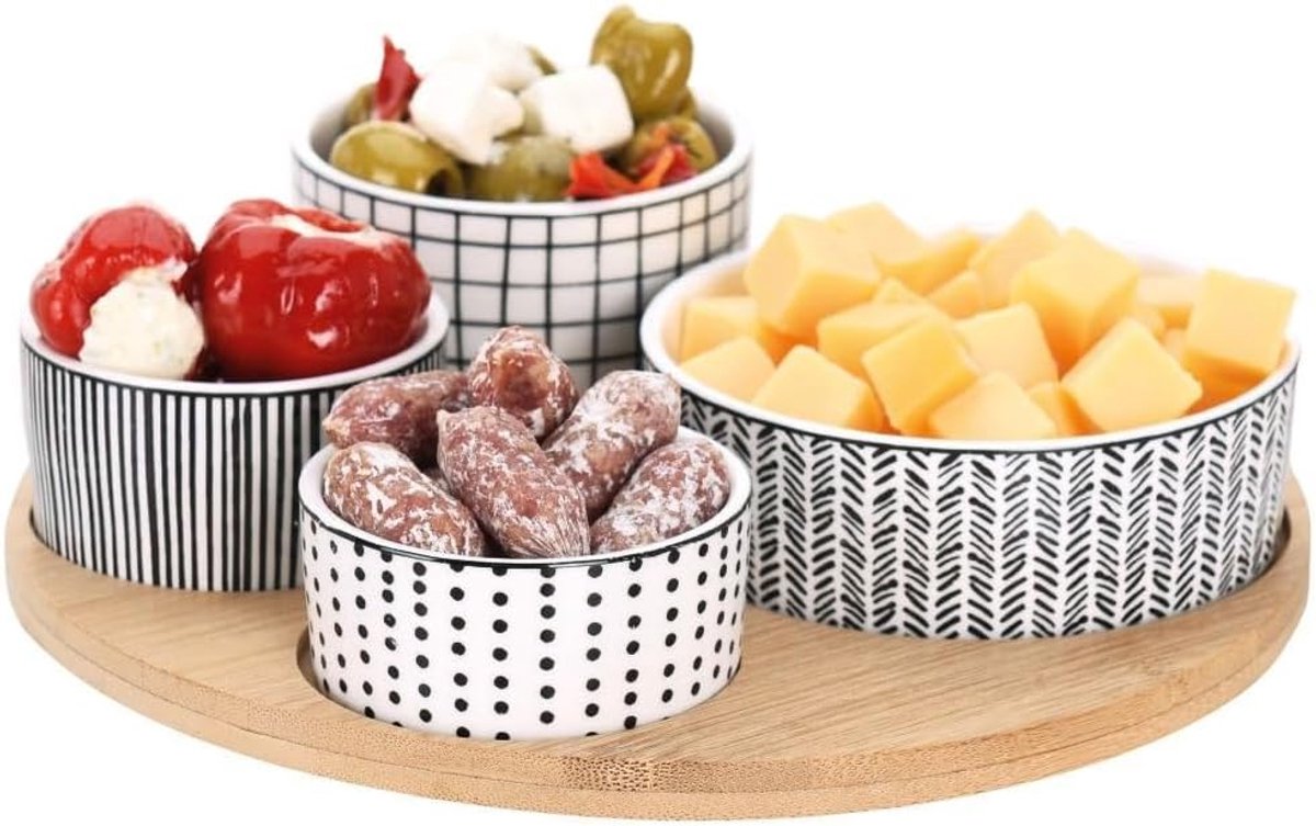 Snackschalen, snackschaal, schaaltjes voor snacks van porselein op bamboeplank, 5-delig