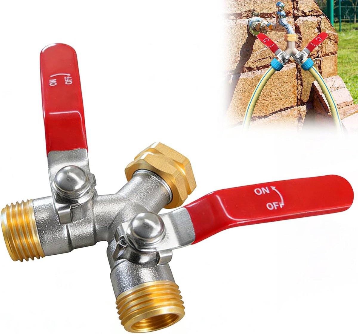 2-weg Y-verdeler van messing, dubbele slang waterverdeler, 3/4 inch wateraansluiting, Y-verdeler met stop voor tuin, camper, broeikas, autowassen