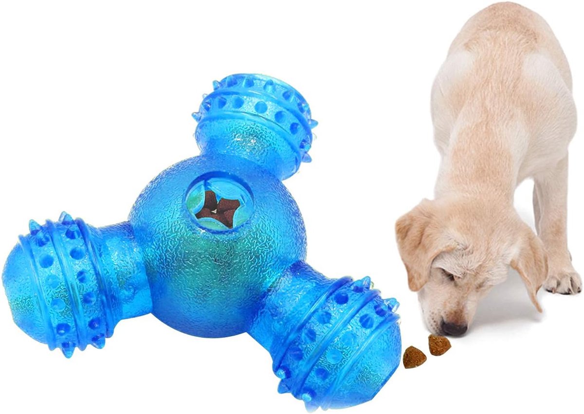 Rolling Feeder Hondenspeelgoed, IQ Treat Dispenser, voederspeelgoed, snackbal voor honden, drie-gaats rubber, hondenkauwspeelgoed, interactieve snack feeding bal voor tandreiniging (blauw)