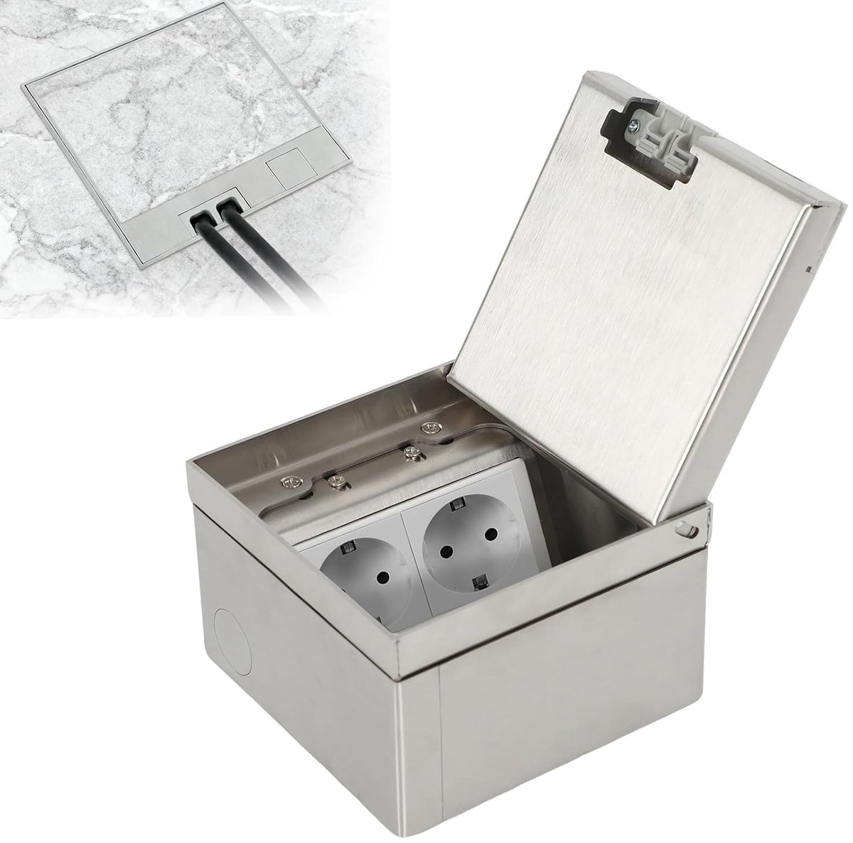 Vloerstopcontact voor vloertank, zwart, inbouwstopcontact, waterdichte vloerinbouwdoos met 2 AC, verzonken stopcontact, roestvrij staal voor de vloer (zilver, 2AC)