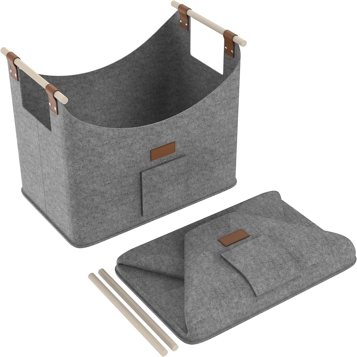 Vilten mand 2 stuks houten mand brandhout brandhout mand extra dikke vilten tassen met handvat brandhout mand 50 x 32 x 40 cm, lichtgrijs