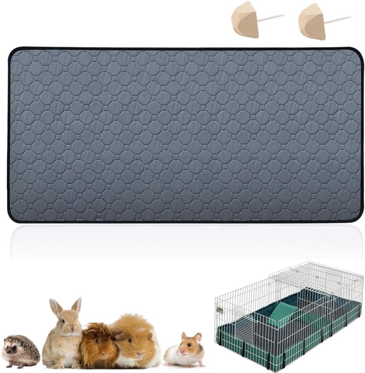 1 stuk cavia-kooi-inzetstukken, 60 x 120 cm, wasbare cavia-pipi-pads, antislip, herbruikbare absorberende trainingsmat, 2 kauwstenen.