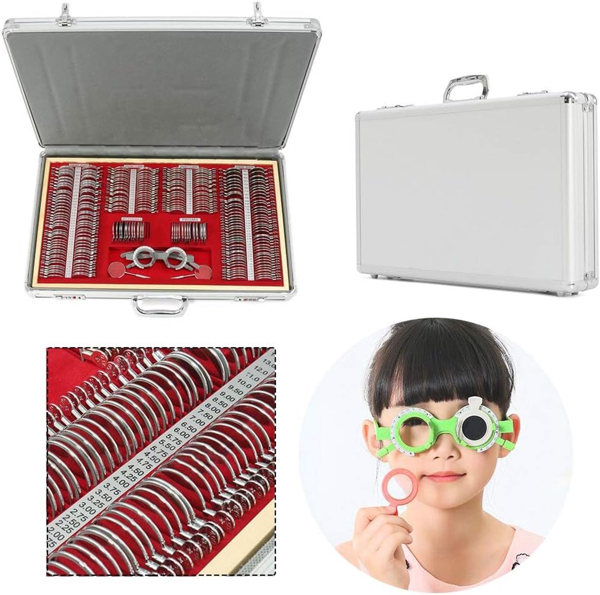266-delige proeflensset met metalen montuur, testkader voor optometrie, metalen rand, nauwkeurige montuur, retinoscopierek, lenzen, testbril, metalen optometrisch optisch montuur met lens en aluminium