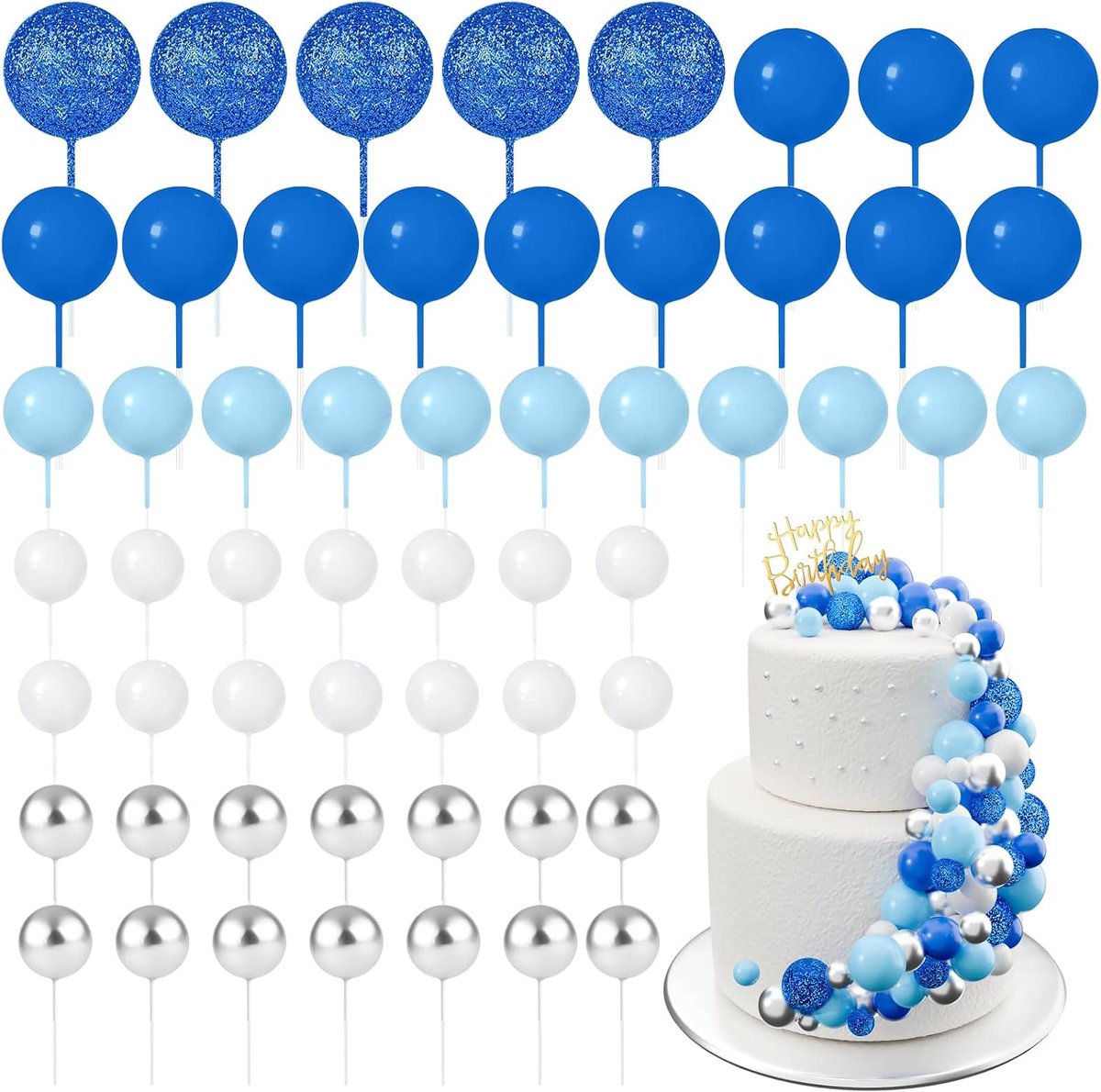 60 stuks, taarttoppers, taarttoppers, mini-ballonnen, taarttoppers voor taartdecoratie, verjaardag, feest, babyshower (glitter blauwe serie)