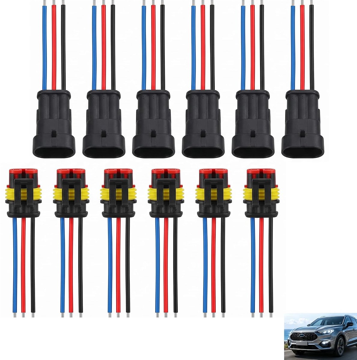 Set van 12 waterdichte elektrische stekkers, 3-polig, 3-polige waterdichte stekker met voorbedrade draad, 16 AWG, IP65 mannelijk en vrouwelijk met kabel, kabelboom set voor auto, motorfiets