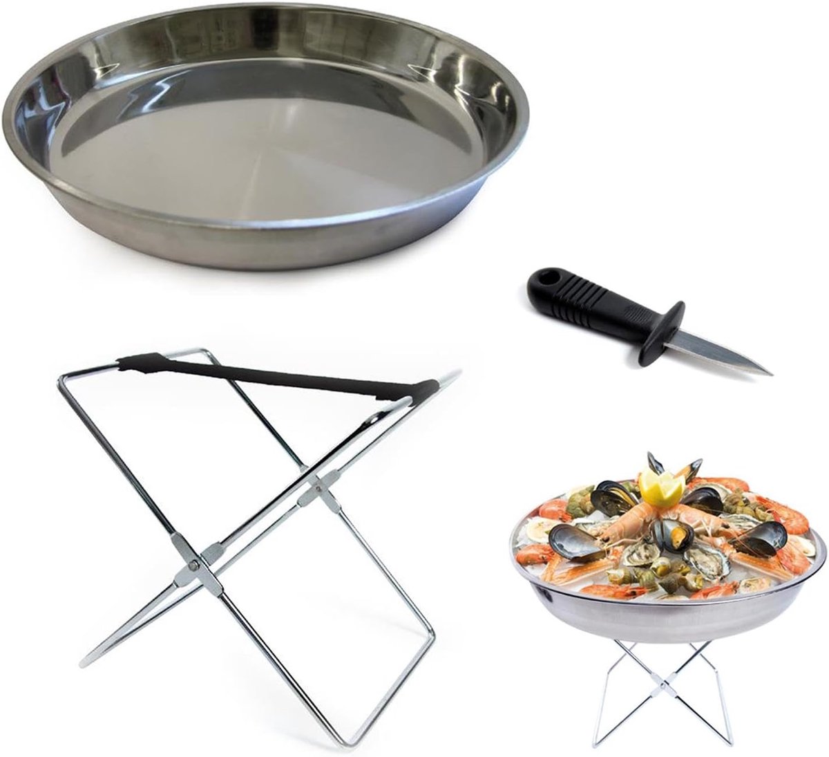 Serviesplaten set - 35 cm - RVS - Inclusief oestermes - Perfect voor zeevruchten - SnelShoppen