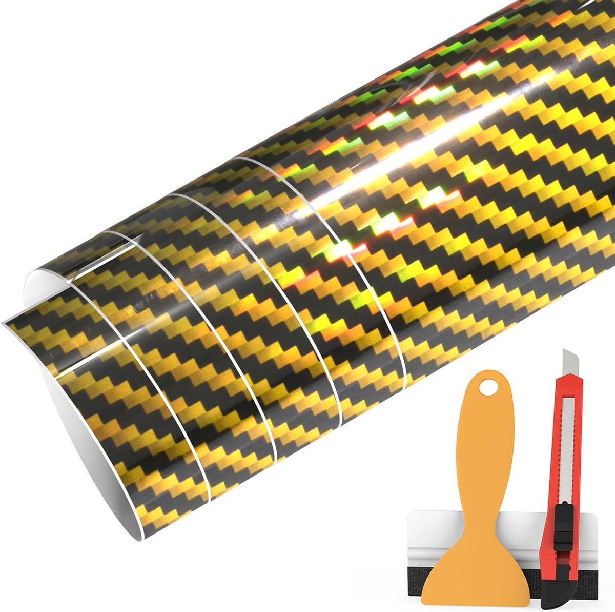 9D, regenboog, carbonfolie, zelfklevende autofolie, zonder luchtbellen, wrappingfolie voor auto, motorfiets, fiets (goud, 30 cm x 150 cm)