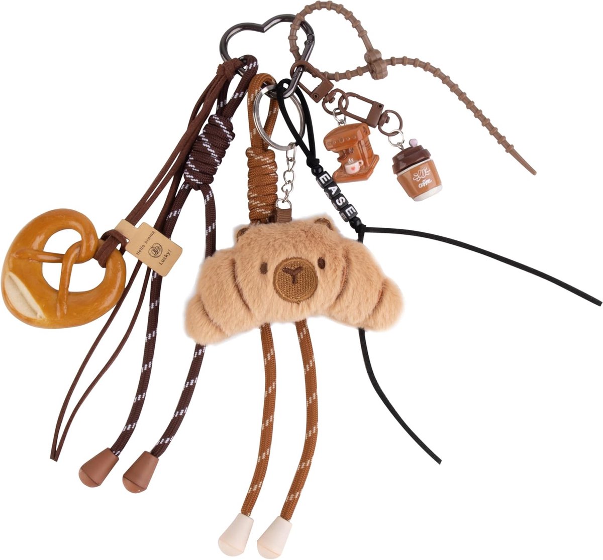 Porgy Handtas Accessoires Tas Hanger voor Dames Bag Charm Schooltas Rugzak Sporttas Leuke Sleutelhanger Verjaardagscadeau voor Meisjes (Capybara Croissant Koffie Ease)