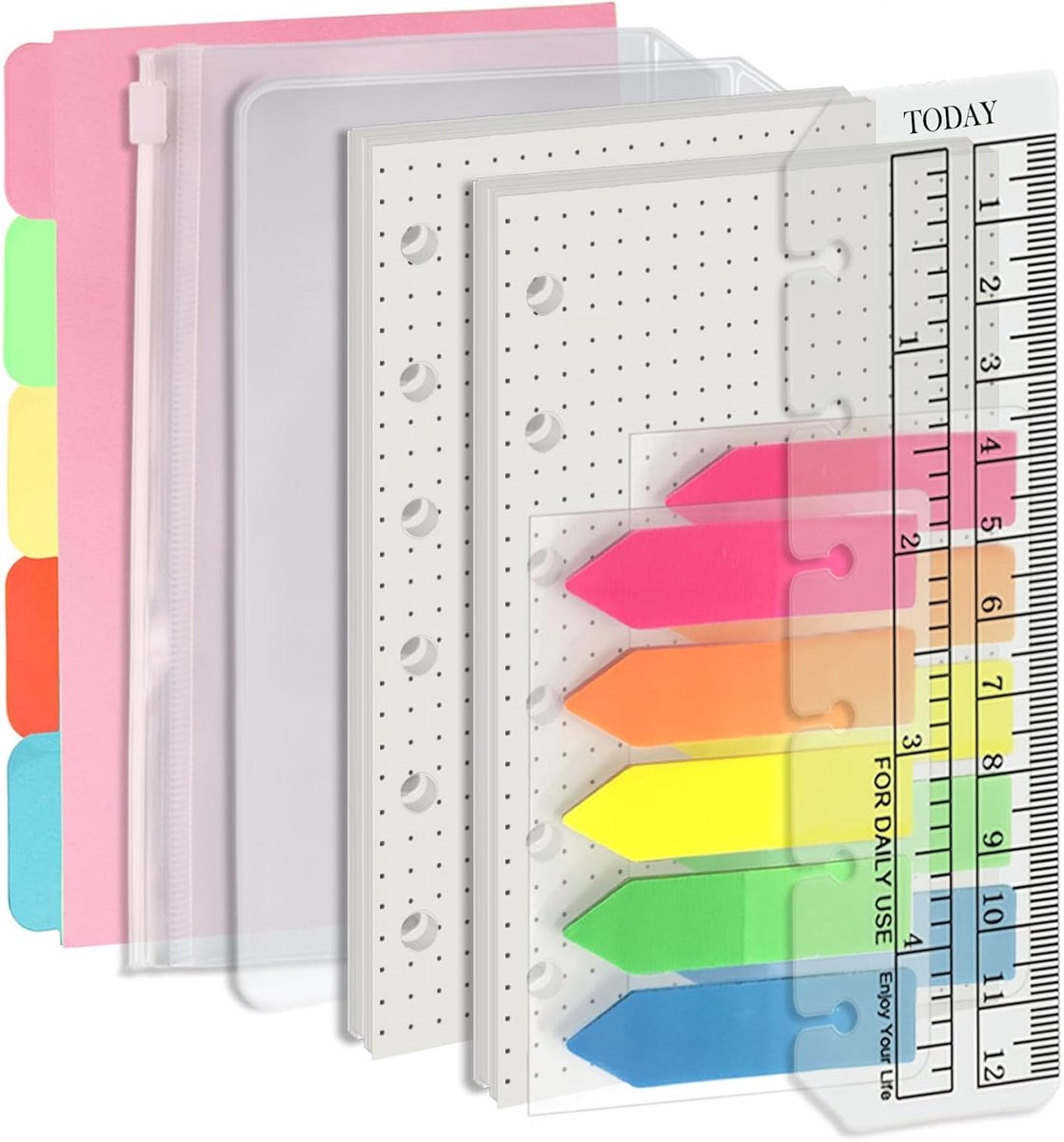 A7 6-gats-schriftvulset Waardepakket, 90 vellen papier met stickers en scheidingsbladen, planner-inzetstukken met schrift-zakken voor A7 navulbaar notitieboek - punten