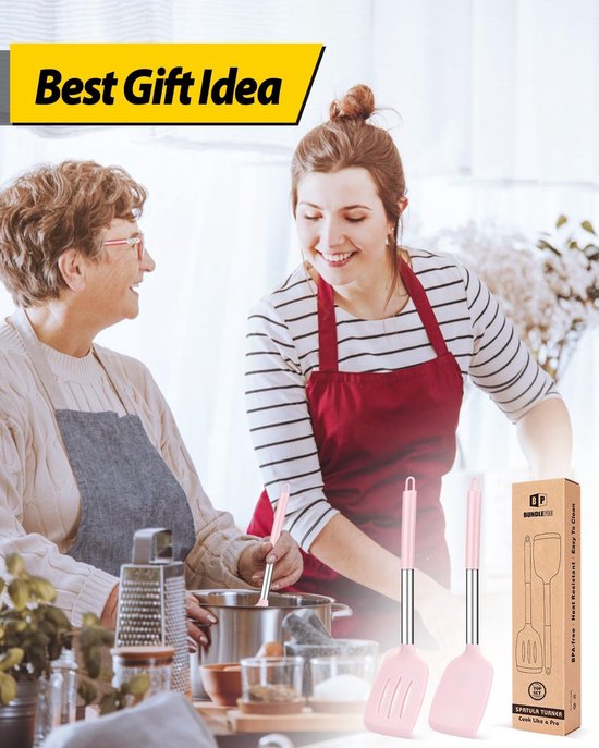 Verpakking van 2 Silicone Solid Turner, Non-Stick Slotted Keuken Spatules, Hoge hittebestendige BPA gratis kookgerei, Ideaal kookgerei voor vis, eieren, pannenkoeken (Roze) — afbeelding 2