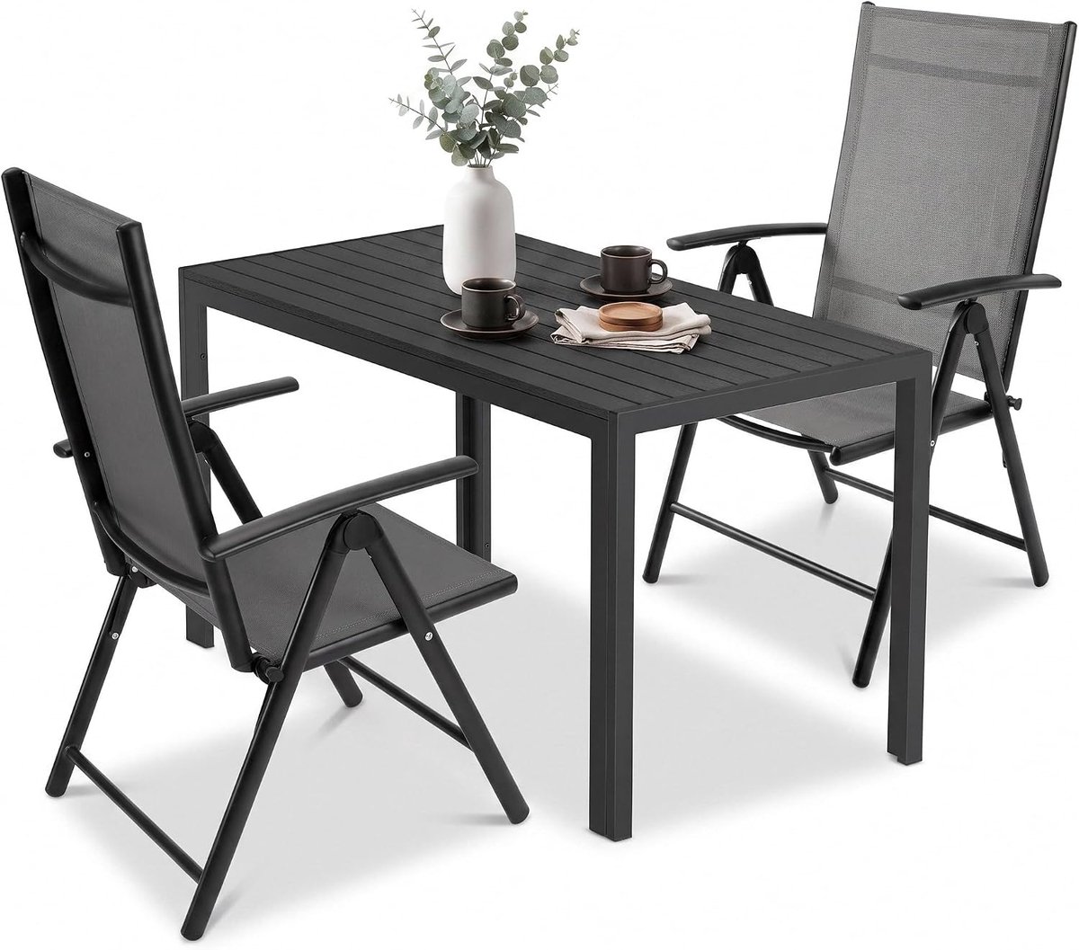 3-delige tuinmeubelset, aluminium balkonmeubelset, 2 stuks verstelbare klapstoelen met hoge rugleuning + WPC van 110 x 70 cm, weerbestendig, rechthoekige terrastafel, eetgroep, zitgroep