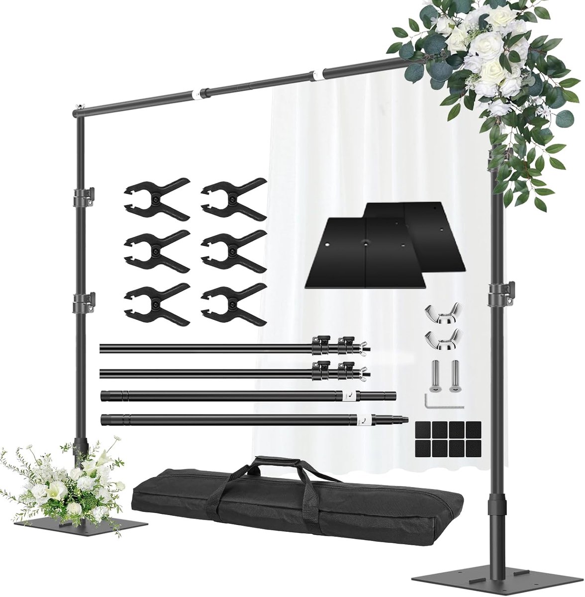 Achtergrond Stand Heavy Duty, 2,6 m x 3 m verstelbare fotoachtergrond, standaard met metalen basis, buis en drape ondersteuningsset voor foto, video, studio, decoratie, bruiloft, verjaardag