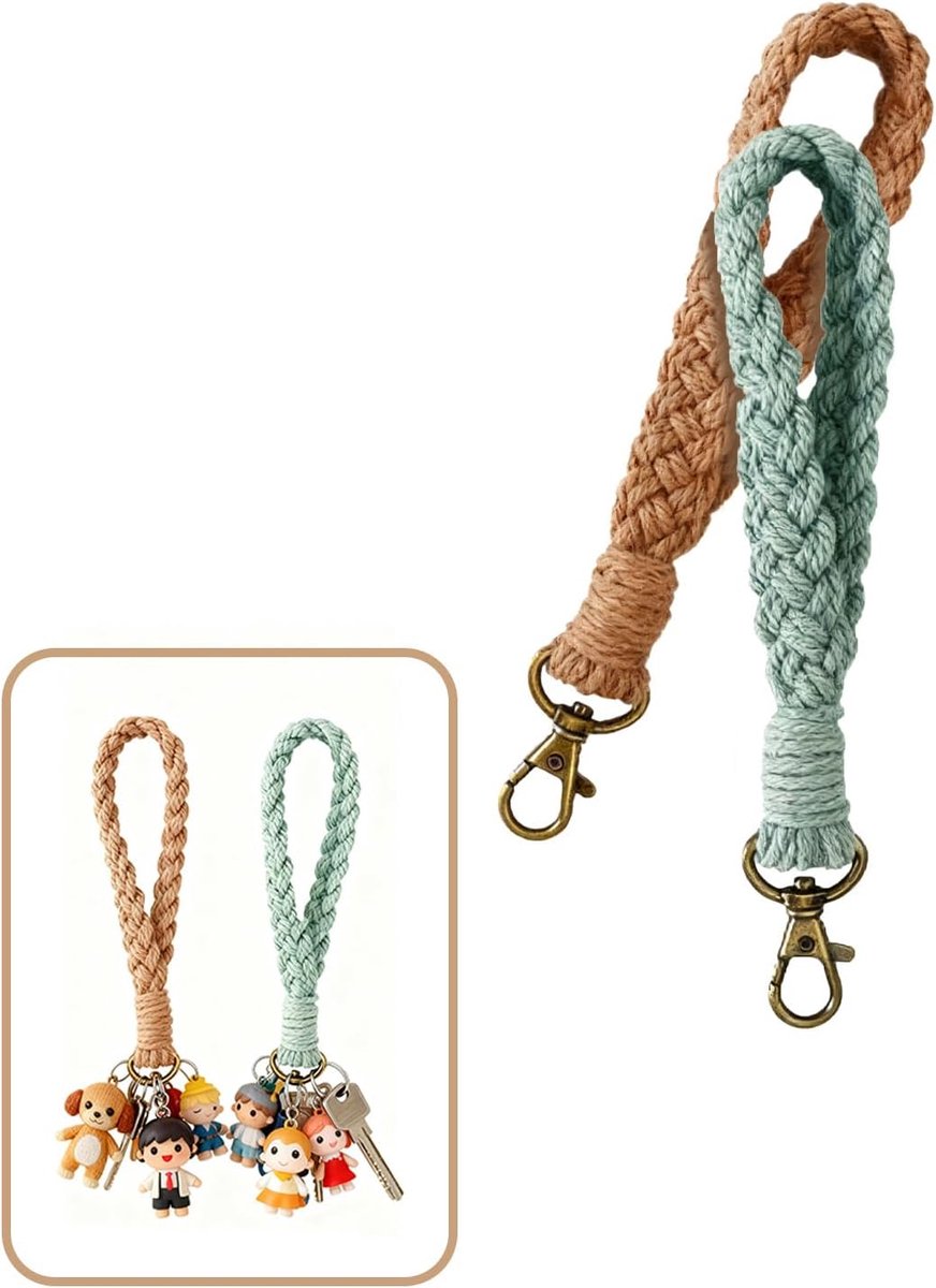 2 stuks handgevlochten macramé sleutelhangers, Boheems gevlochten sleutelkoord kort, gevlochten sleutelhanger voor dames, korte handgevlochten sleutelhangers