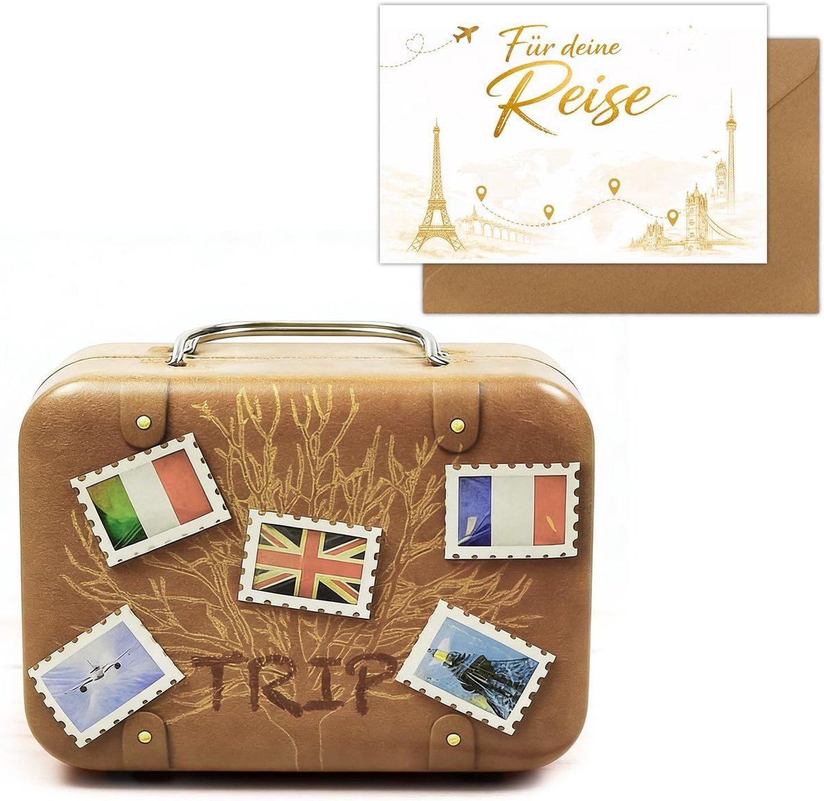 Reiscadeau – mini-koffer vintage met kaart en envelop, geldgeschenkverpakking, reizen, afscheidscadeau collega, vakantiecadeau