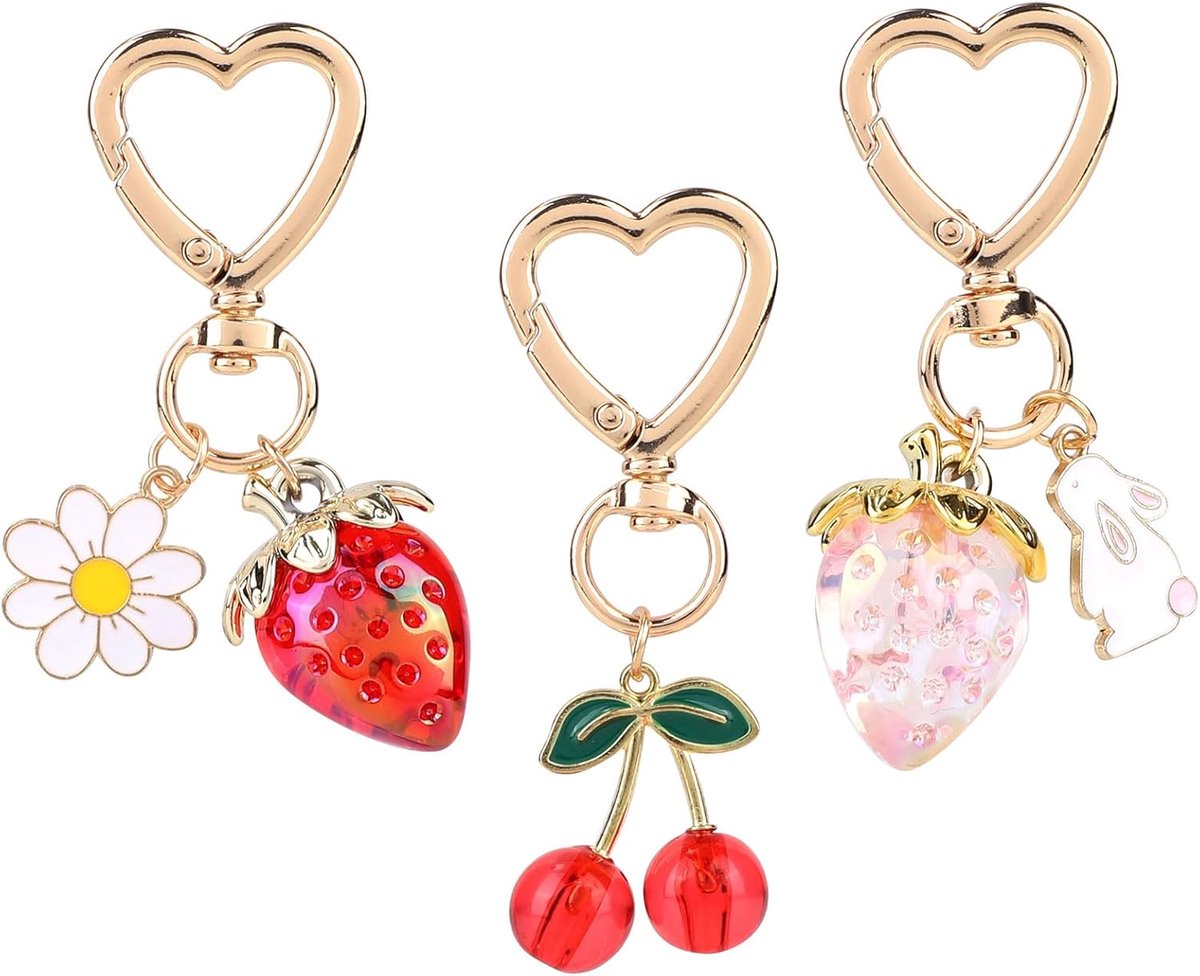 3 Stuks Kersen en Aardbeiensleutelhangers Set, Schattige Fruitsleutelhanger met Hartvormige Gesp Aardbeientashanger Kawaii Portemonnee-Accessoires voor Vrouwen en Meisjes