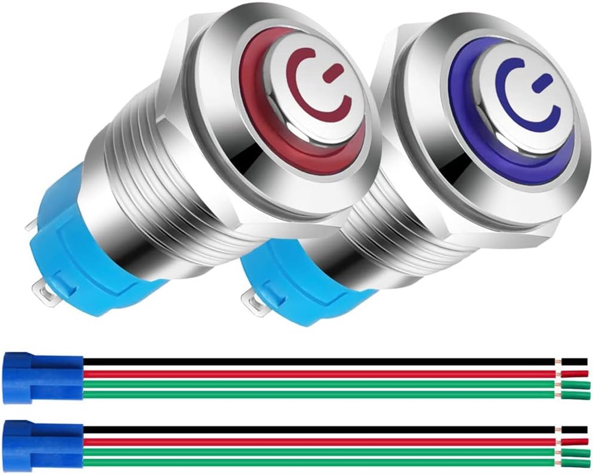 2stuks 12mm 12V-24V 3A Roestvrij Staal Zelfsluitende Vergrendeling Drukknopschakelaar Machtssymbool LED Normaal Open SPST AAN UIT Waterdichte met Draadcontactdoos(Blauw+Rood,Hoge Kop)