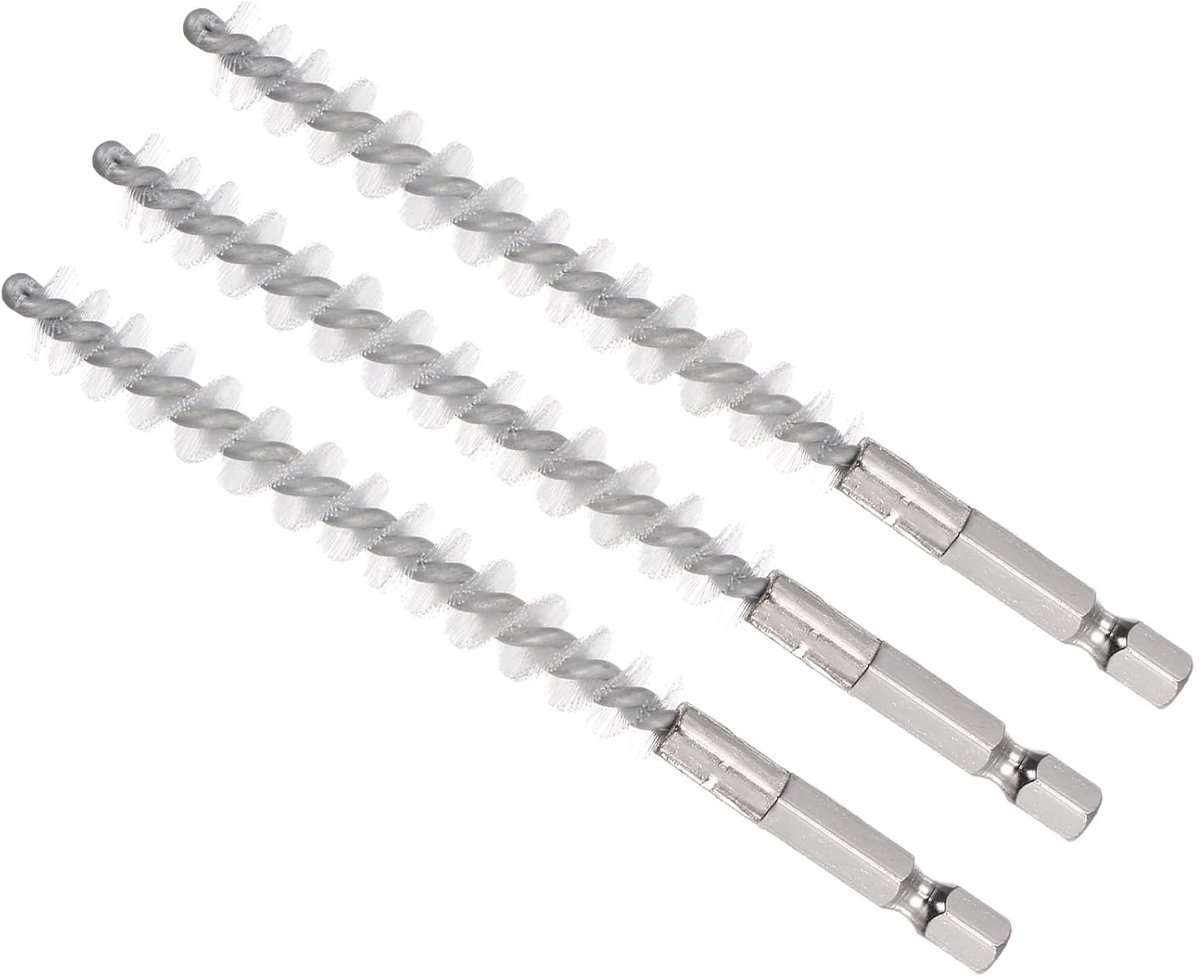 diameter 8 mm, lengte 75 mm, gevlochten metalen borstels, nylon, reiniging zeskantschacht 1/4 inch - (toepassingen: voor elektrische boor), 3 stuks