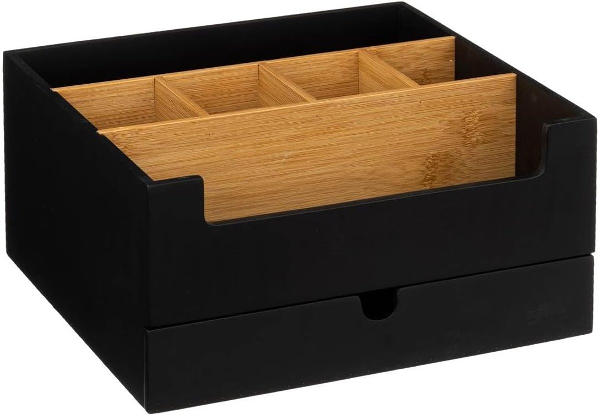 Make-up organizer met lade en 9 vakken - zwart en bamboe - optimaal gebruik van ruimte - SnelShoppen