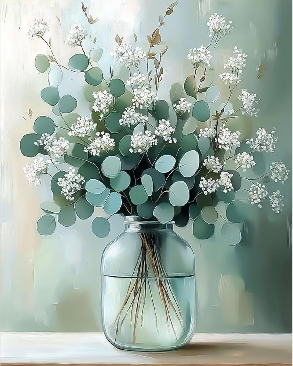 Schilderen op nummer 40 x 50 cm - Eucalyptus en bloemen - Huisdecoratie - Creatieve ontspanning - SnelShoppen