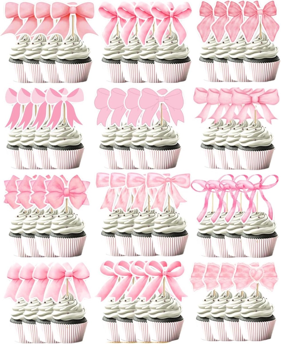 24 stuks decoraties voor Pink Bow Knot, taartdecoratie om uit te kiezen voor verjaardag, bruiloft, babyshower, afscheid