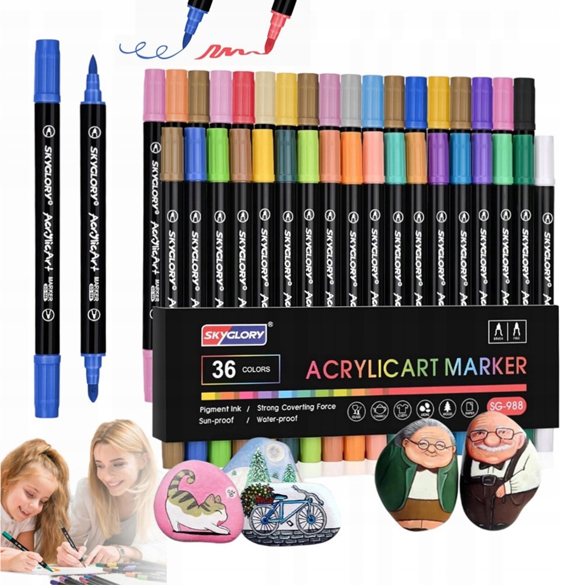 36x Dubbelzijdige Acryl Markers, Waterdicht, voor Steen, Glas & Knutselen