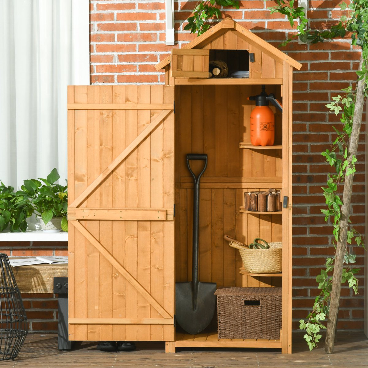DESMIU Gartenschuur – 3 Afneembare Planken – 77 x 54,2 x 179 cm – Hout – Geel Groen – Tuinopslag Met Venster En Waterdicht Dak
