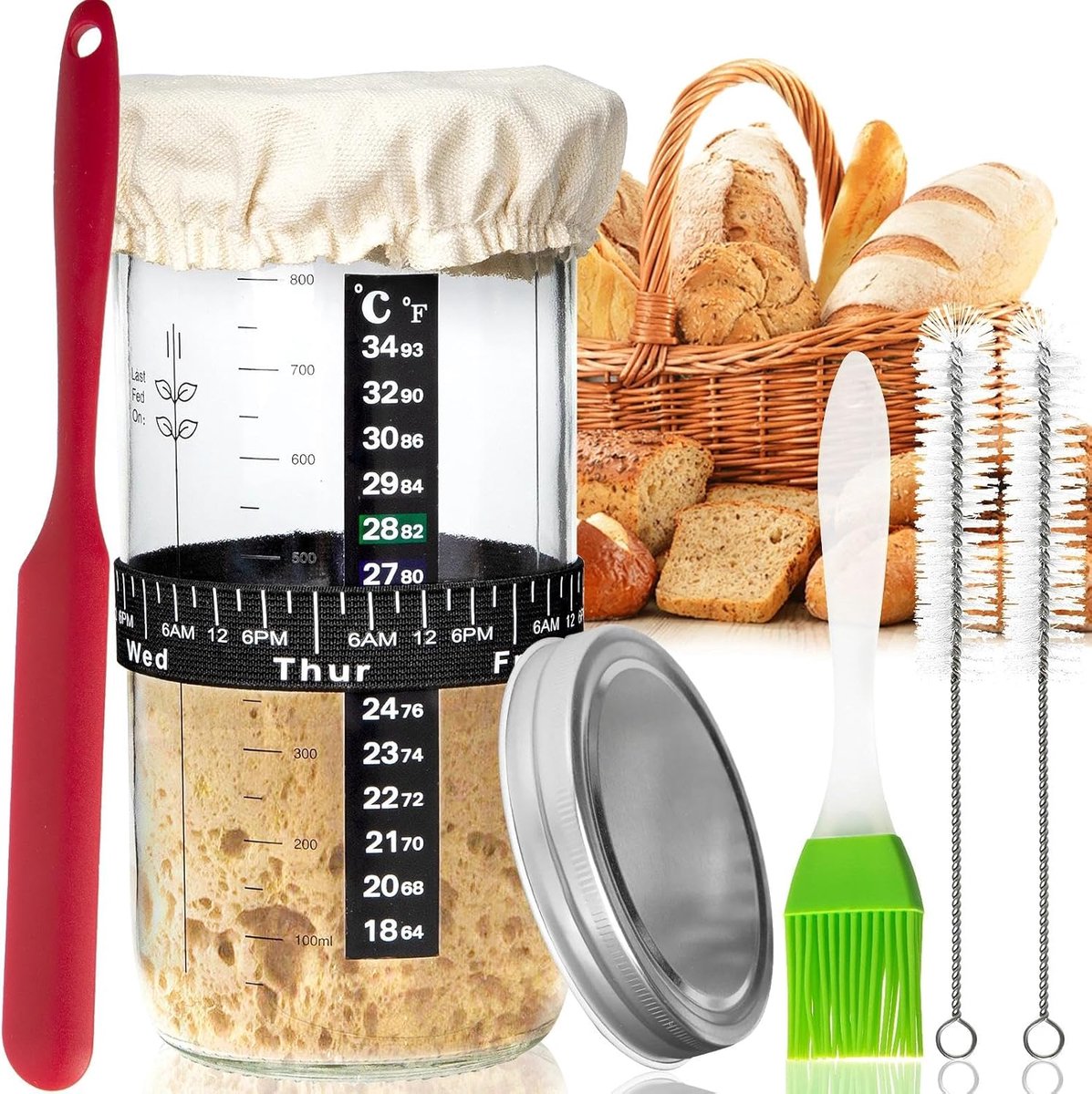 Zuurdesem Starter Pot 34oz - Grote Glas Jar - Temperatuursticker & Datumband - Eenvoudig thuis bakken - ShopVlot