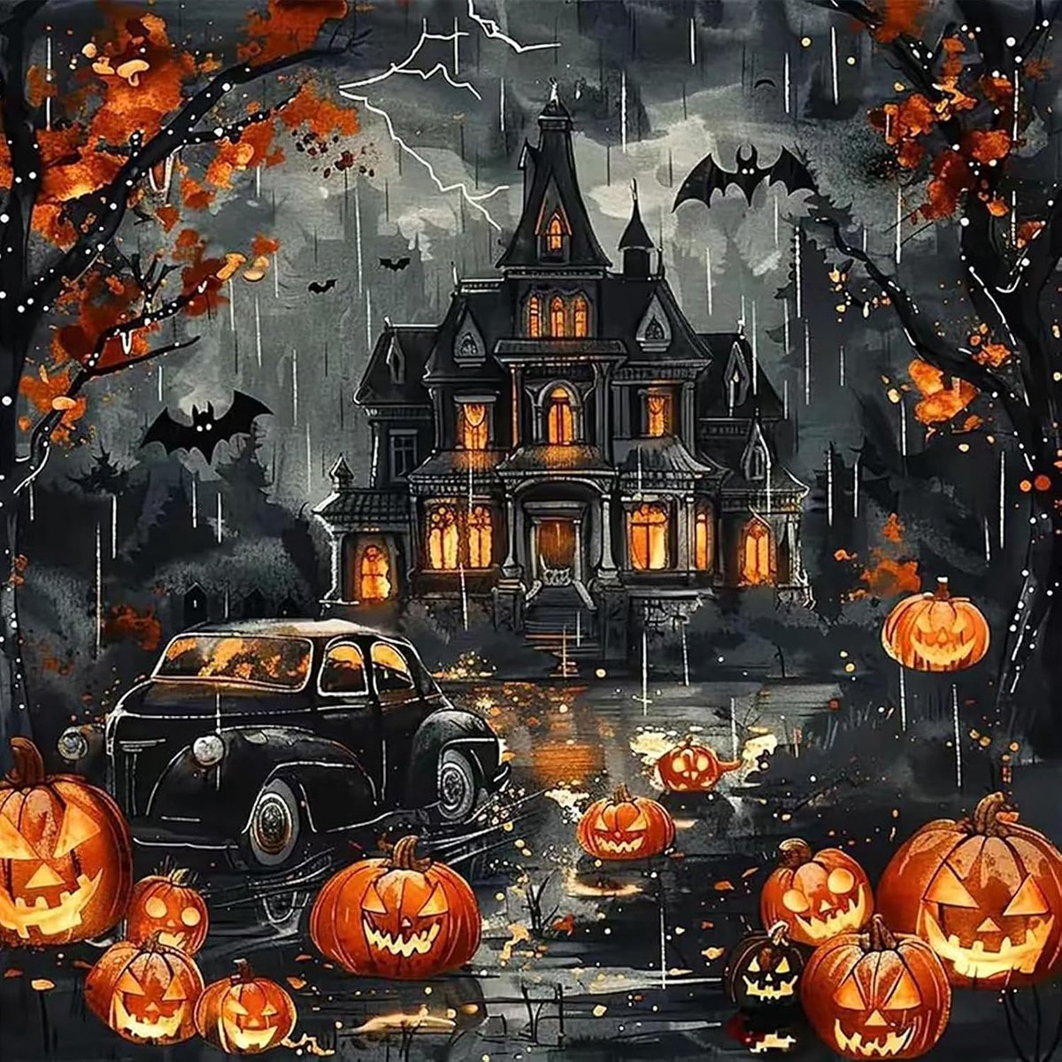 Diamantschilderij Halloween 30 x 30 cm - Volledige boor rond - Kasteel en pompoen ontwerp - Creatieve wanddecoratie - ShopVlot