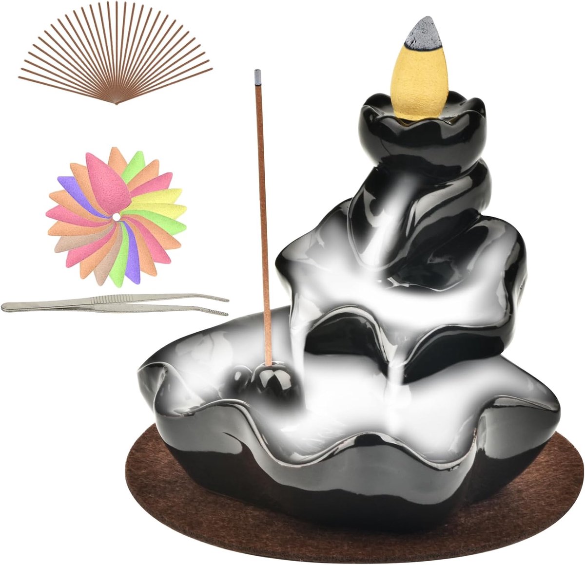 Houten wierookbrander - omgekeerde rook - keramisch - voor meditatie en ontspanning - ShopVlot