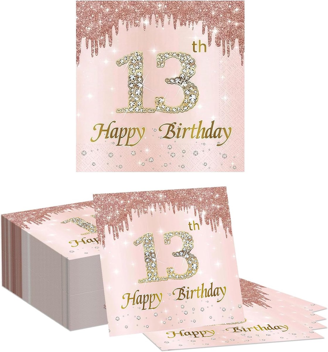 Feestelijke Servetten 80 Stuks - Roze Goud Glitter - Rhinestone Patroon - Perfect voor 13e Verjaardag - ShopVlot