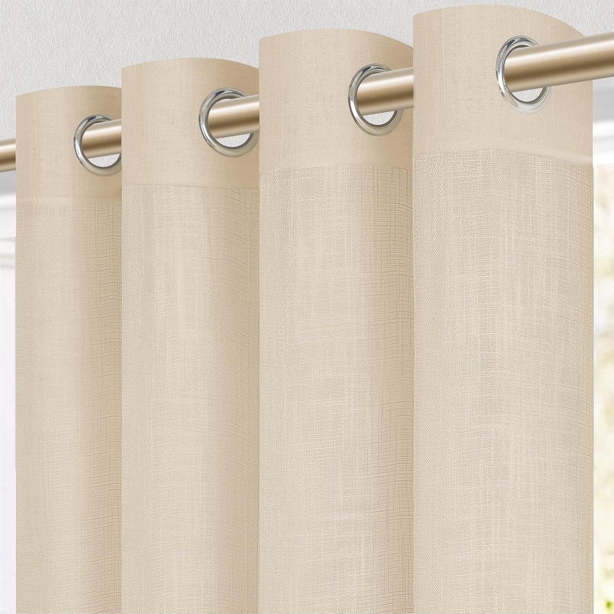 Voile-gordijnen, kort, set van 2 stuks, linnenlook, gordijn met ingestanste ringen, moderne gordijnen, beige, 245 x 140 cm (h x b), voor woonkamer, slaapkamer, kinderkamer