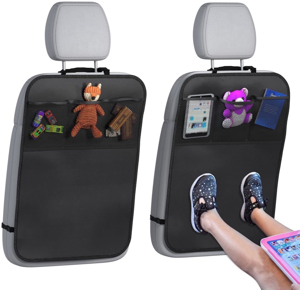 Casalora 2 Stuks Autostoel Beschermer – Rugleuning Bescherming Auto met Opbergvakken – Kick Mat voor Kinderen – Waterafstotend & Vuilafstotend – Universeel – Zwart