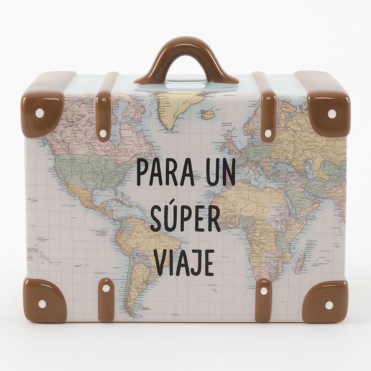 Spaarpot vintage koffer - keramisch - wereldkaart design - ideaal voor avontuurlijke reisjes - ShopVlot