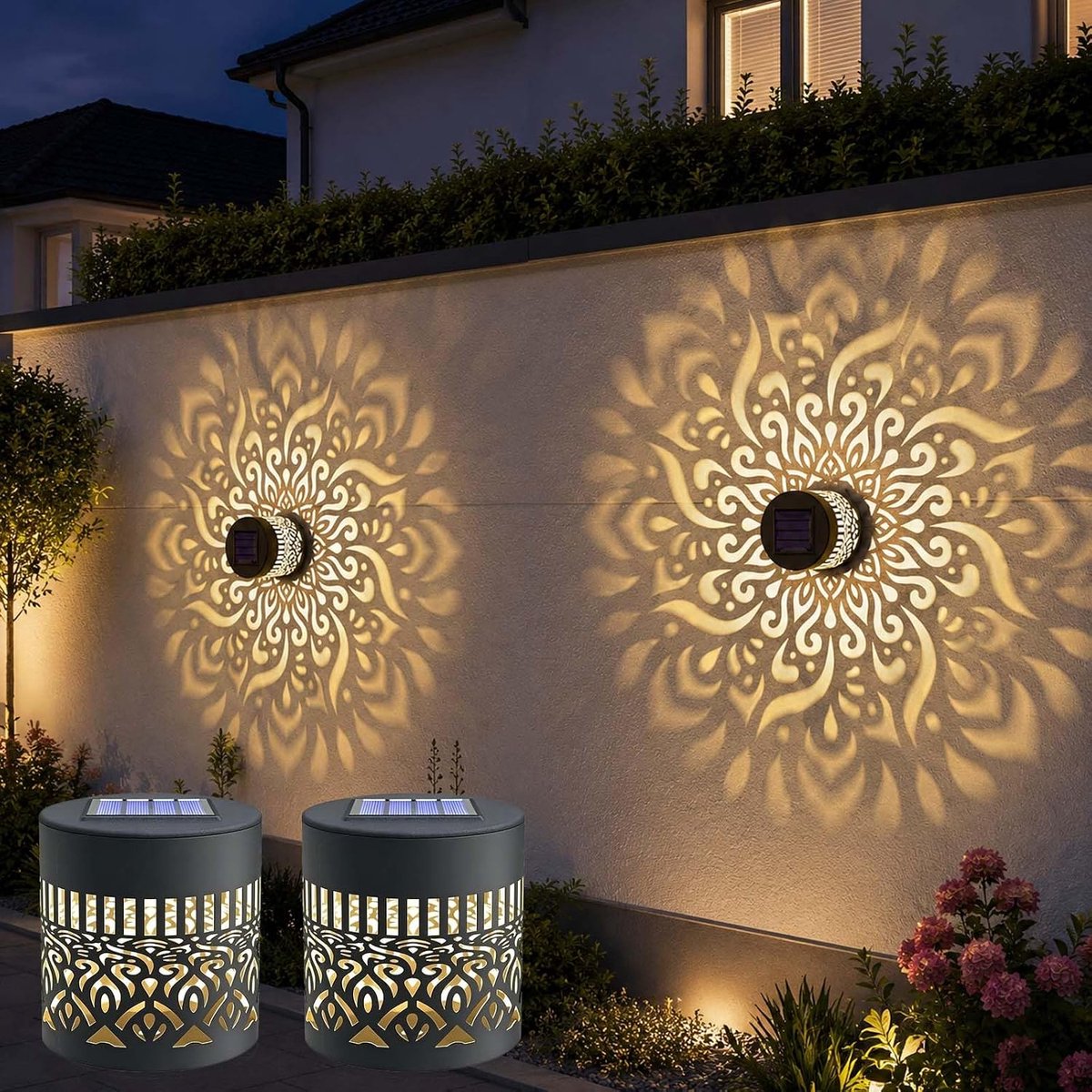 KZQ 2-pack solar mandala wandlamp - Waterdichte metalen hekverlichting - Automatische schakelaar voor tuin erf en terras - Warm licht - Zwart