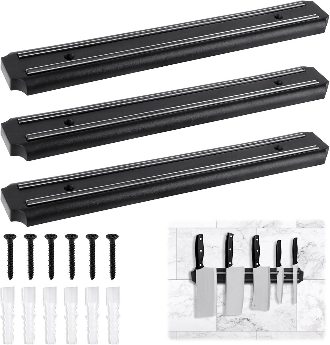Keukenmessenblok 3 Stuks 33 cm - Sterke Magnetische Stang - Voor Messen en Scharen - Veilig en Ruimtebesparend - ShopVlot