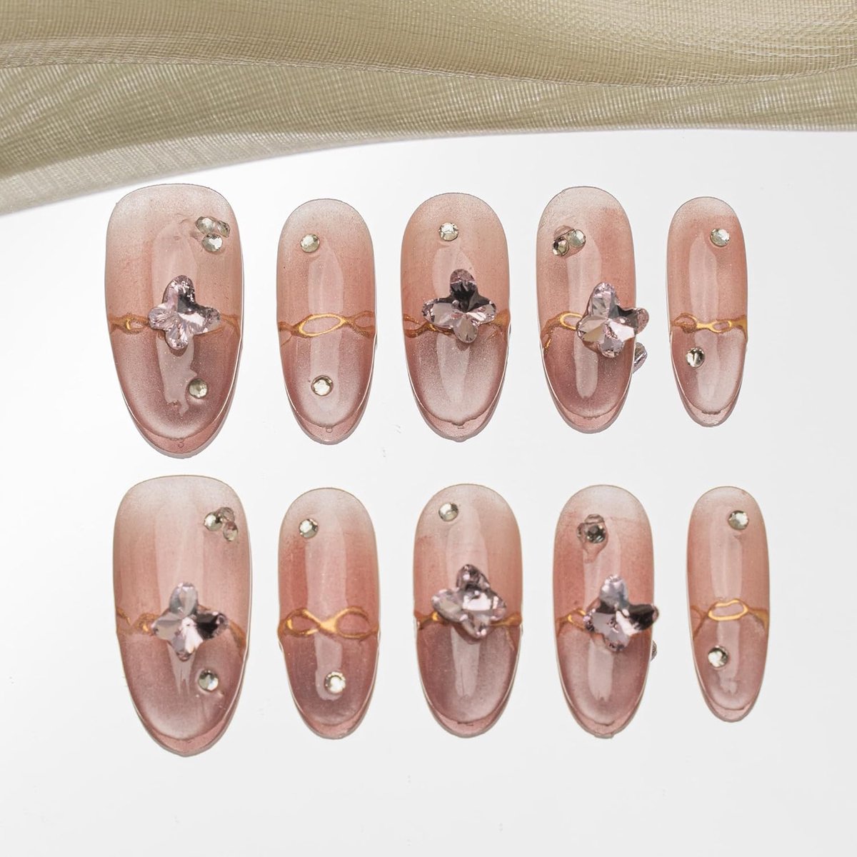 Nepnagels Medium Lengte - Ovalen Nagels - Roze Rhinestone Franse Design - Handgemaakt voor een Elegante Look - ShopVlot
