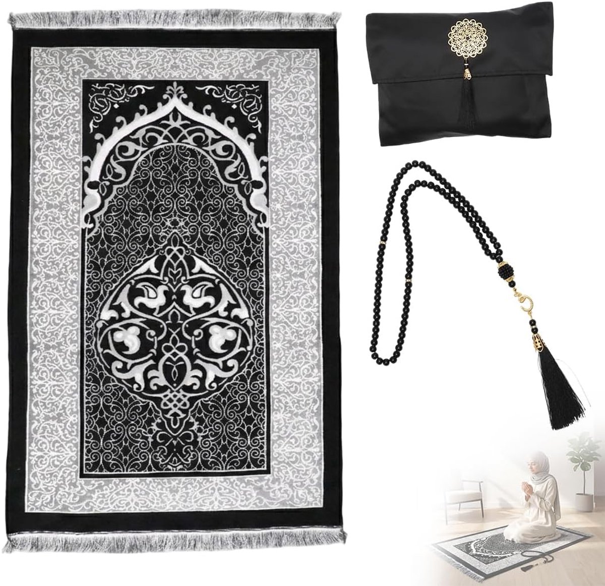 Gebedstapijt zwart 70 x 110 cm - zacht en comfortabel - met gebedsketting en draagtas - ideaal voor thuis en onderweg - ShopVlot
