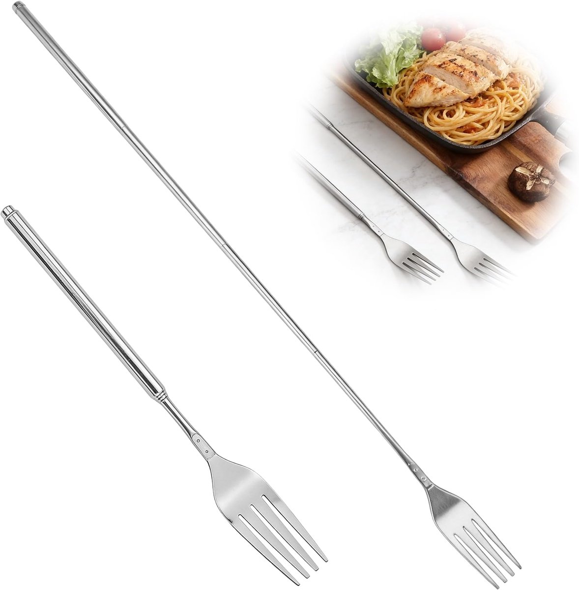 SnelShoppen - Uittrekbare Vork Roestvrij Staal, Opvouwbare en Draagbare Vork voor Kamperen, Picknicks, Barbecues en Thuisgebruik, Zilveren Kleur