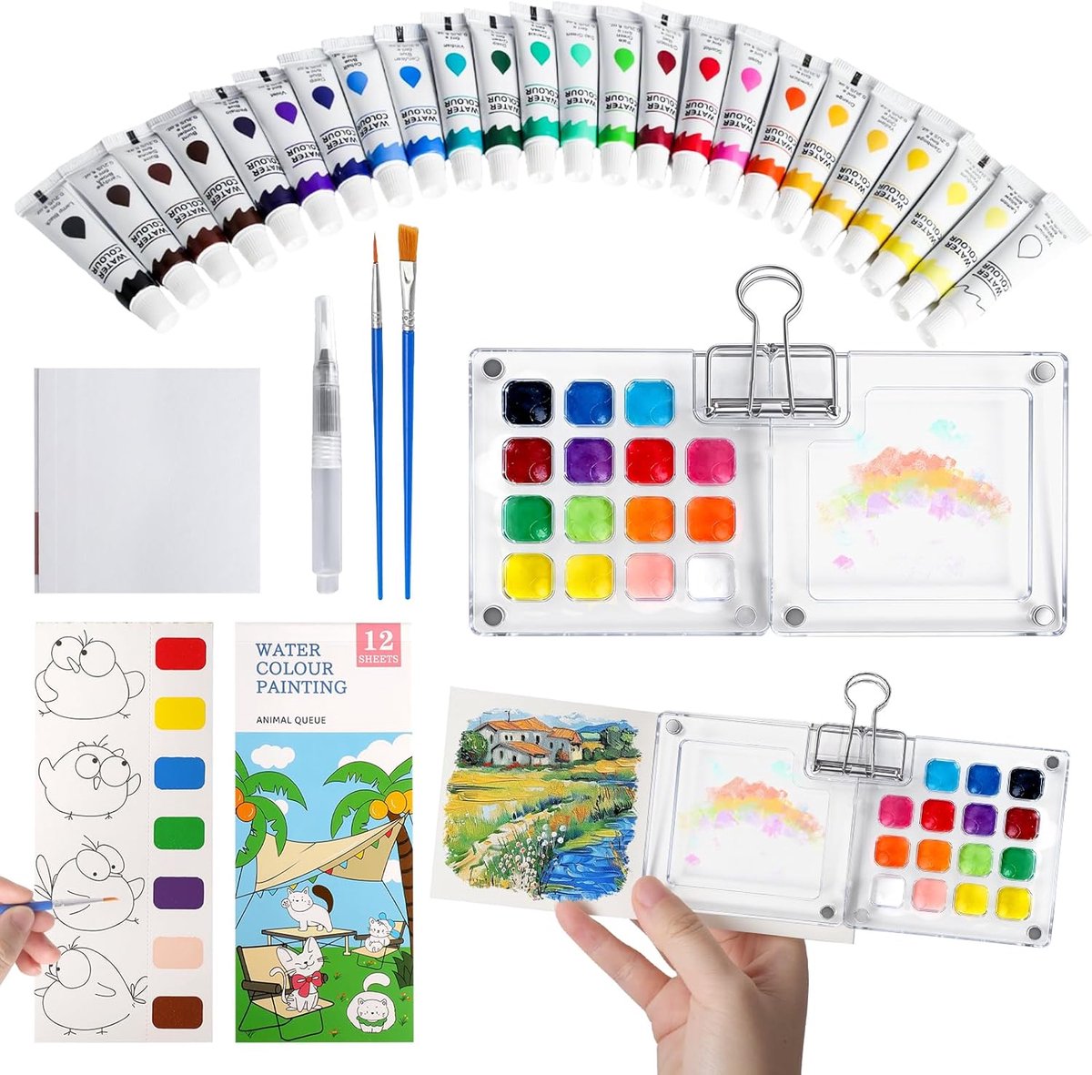 Aquarelset mini - 24 kleuren - draagbaar met palet en kwasten - ideaal voor onderweg - ShopVlot