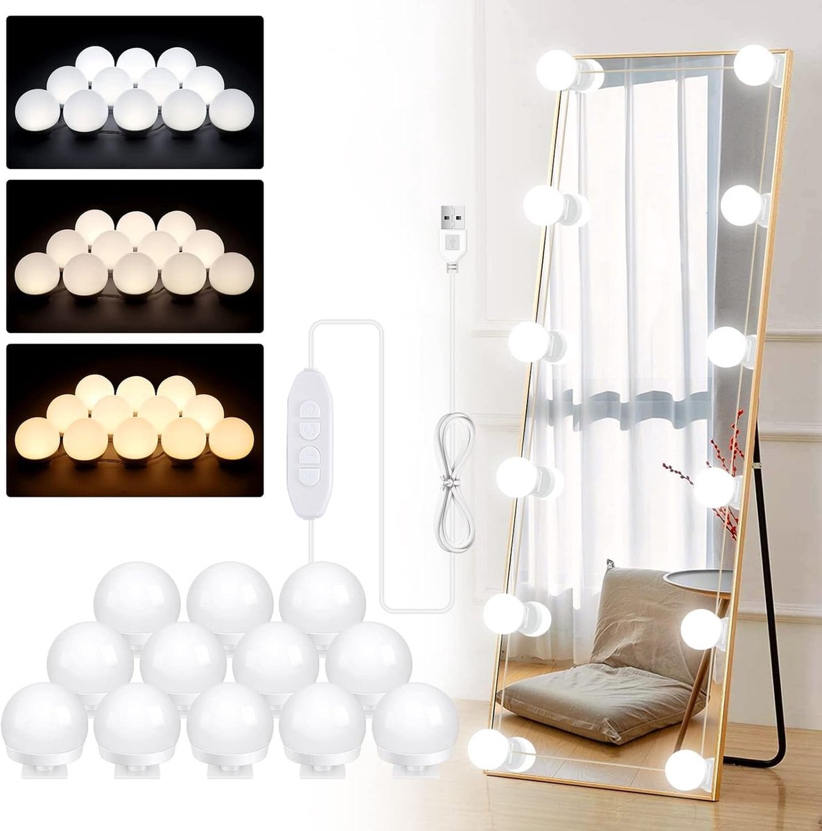 Make-up spiegel verlichting set - 12 dimbare LED lichten - energieklasse A+ - perfect voor elke make-up routine - SnelShoppen