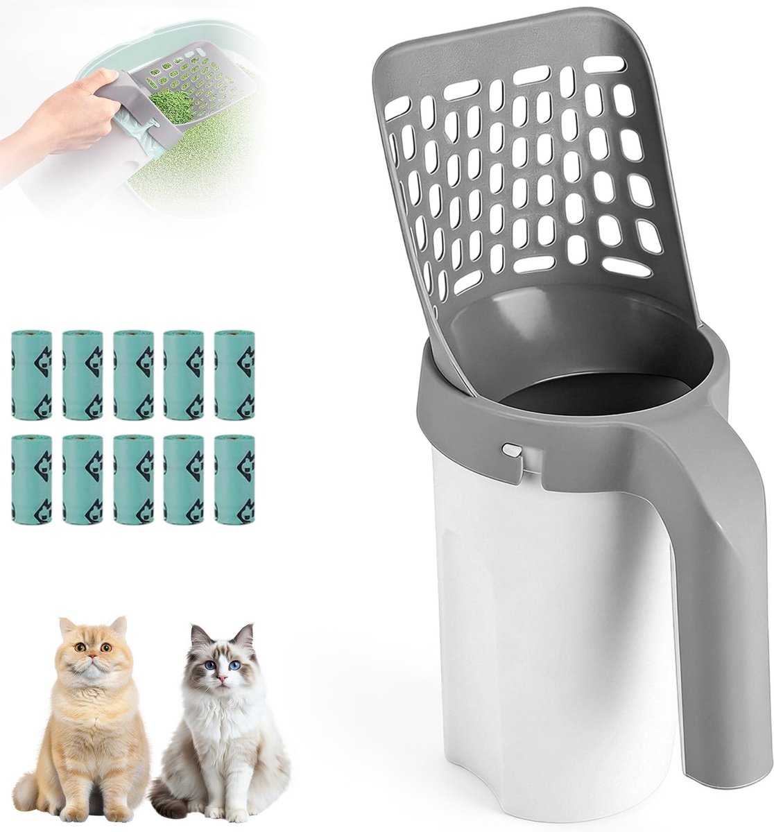 Kattenbakschep - draagbaar grote capaciteit schep met vaste houder eenvoudig opbergen direct na gebruik kattenbakonderhoud