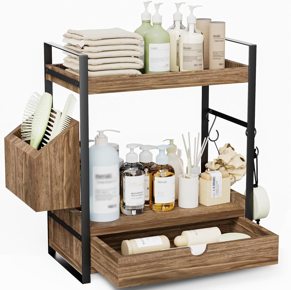 Badkamerorganizer 2-laags - metalen structuur met houten werkblad - opberglades en haken - SnelShoppen