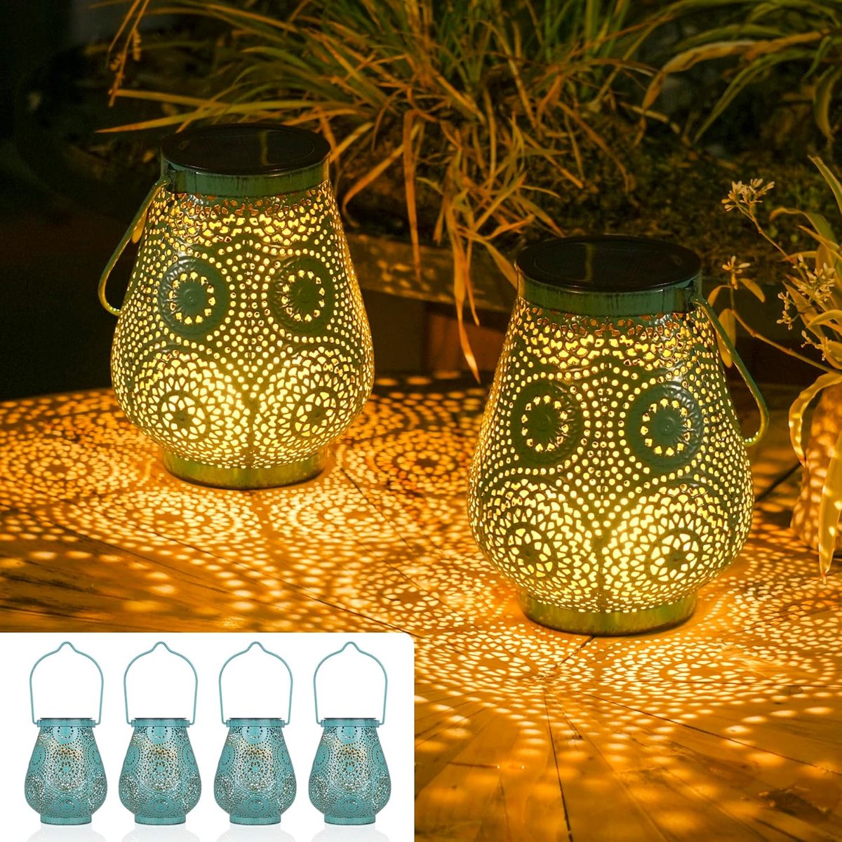 Solar lantaarns 4-pack 15LM - vintage turquoise - IP65 weerbestendig - sfeervolle verlichting voor tuin - SnelShoppen