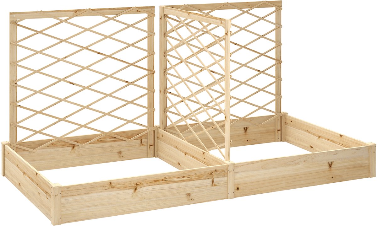 Outsunny Buitenplantenbak trellis 222x114x109 cm Natuurlijk houteffect | Met 3 verstelbare trellissen, verhoogd tuinbed, houten bloembak, voor balkon terras patio.