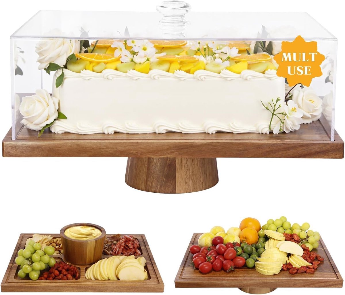 Taartstandaard 43cm - Acacia Hout - Deksel van acryl - Perfect voor dessertpresentatie - ShopVlot