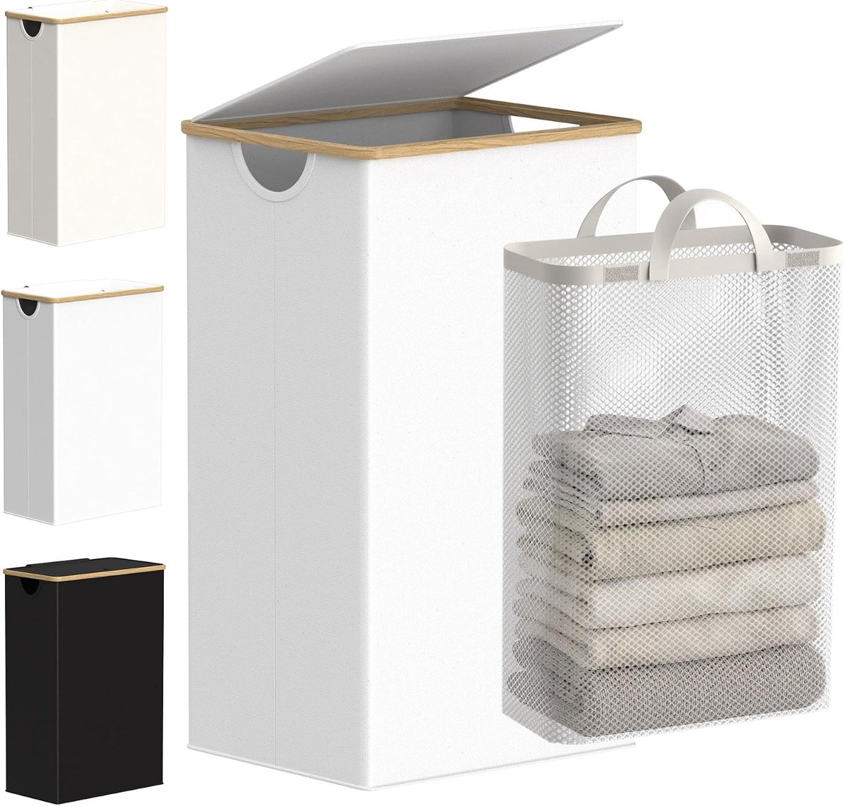 Wasmand 100 liter - opvouwbaar - met deksel en bamboe handvat - voor slaapkamer en badkamer - ShopVlot